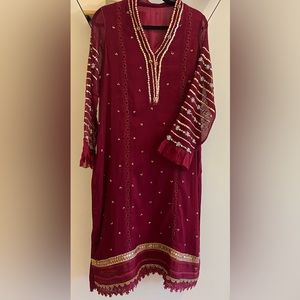 Deep Mahroon Suit. (Pakistani). Cotton net shirt, silk dupatta and silk pants.